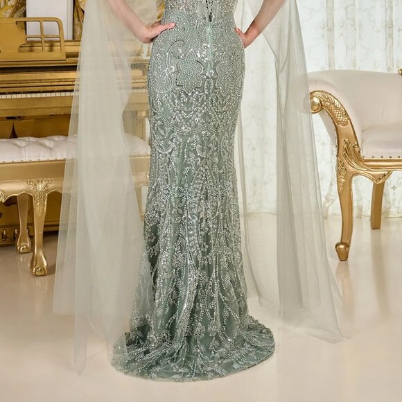 New Sage Beads Embellished  Maxi Mother Of Bride Gown w/ Cape Sleeves GL3704 - Picture 13 of 13